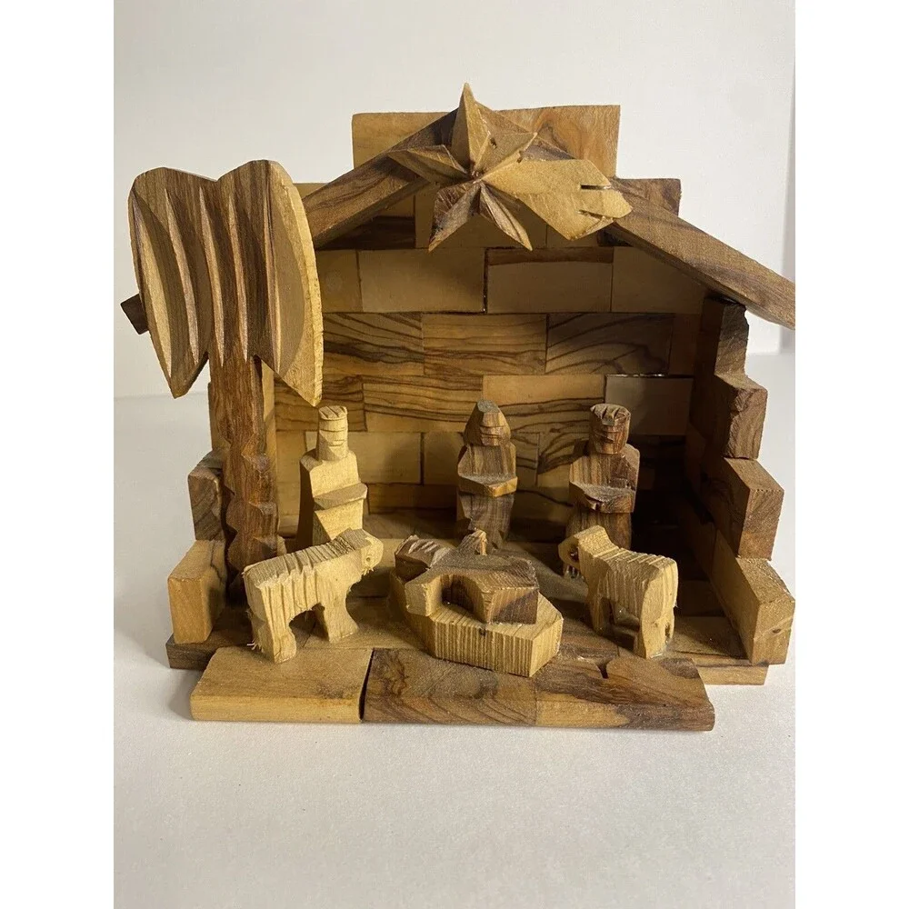 Wood Nativity Set Manger Hand Carved Olive Wood GROWN HILLS OF BETHLEHEM Holiday
